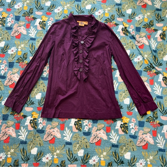 Tory Burch Tops - Tory Burch dark purple maroon ruffle front long sleeve button front shirt